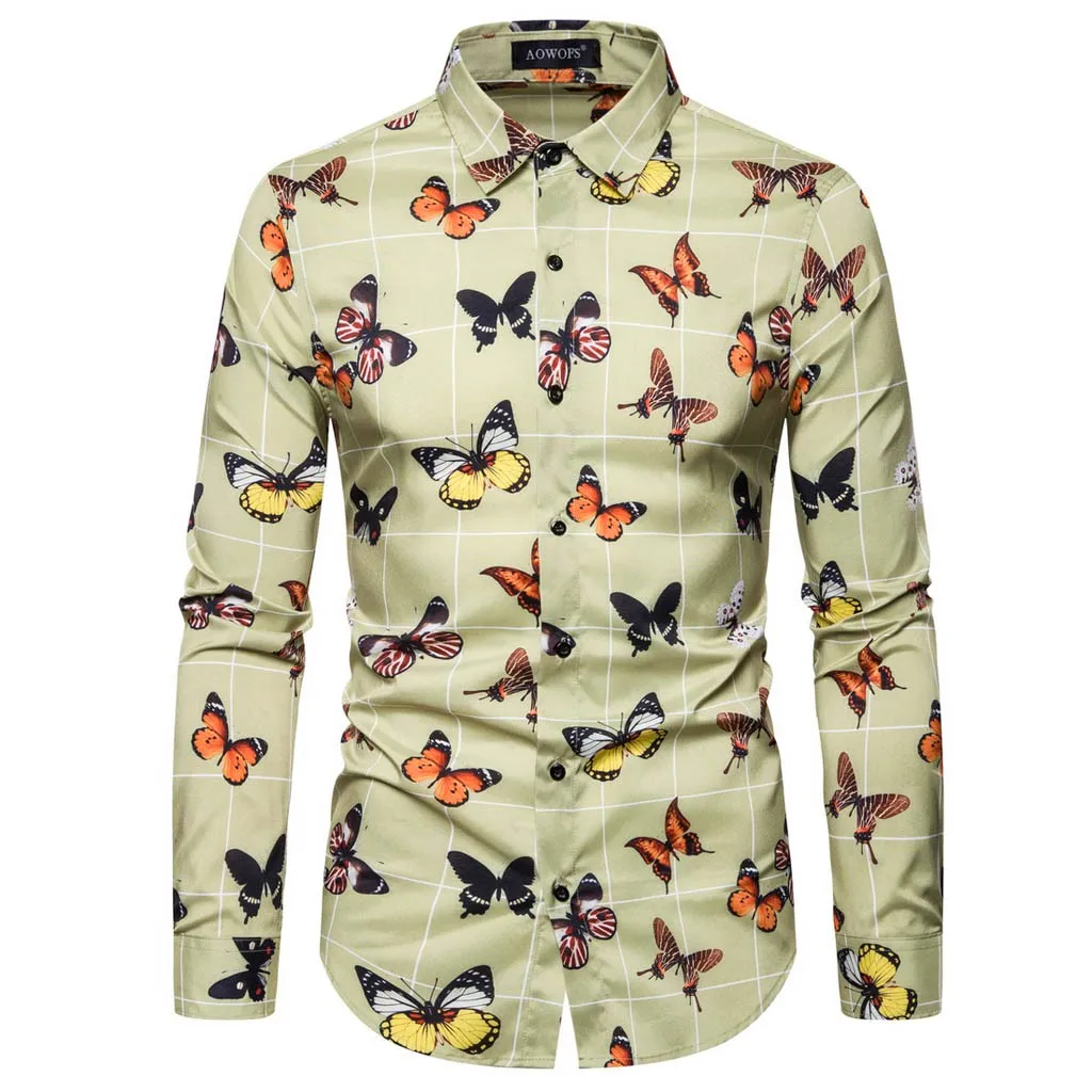 

Butterfly Men Shirt Printed Shirts Ethnic Vintage Printing Slim Long Sleeve Dress Casual Formal Shirt Blouse Tops Chemise Homme