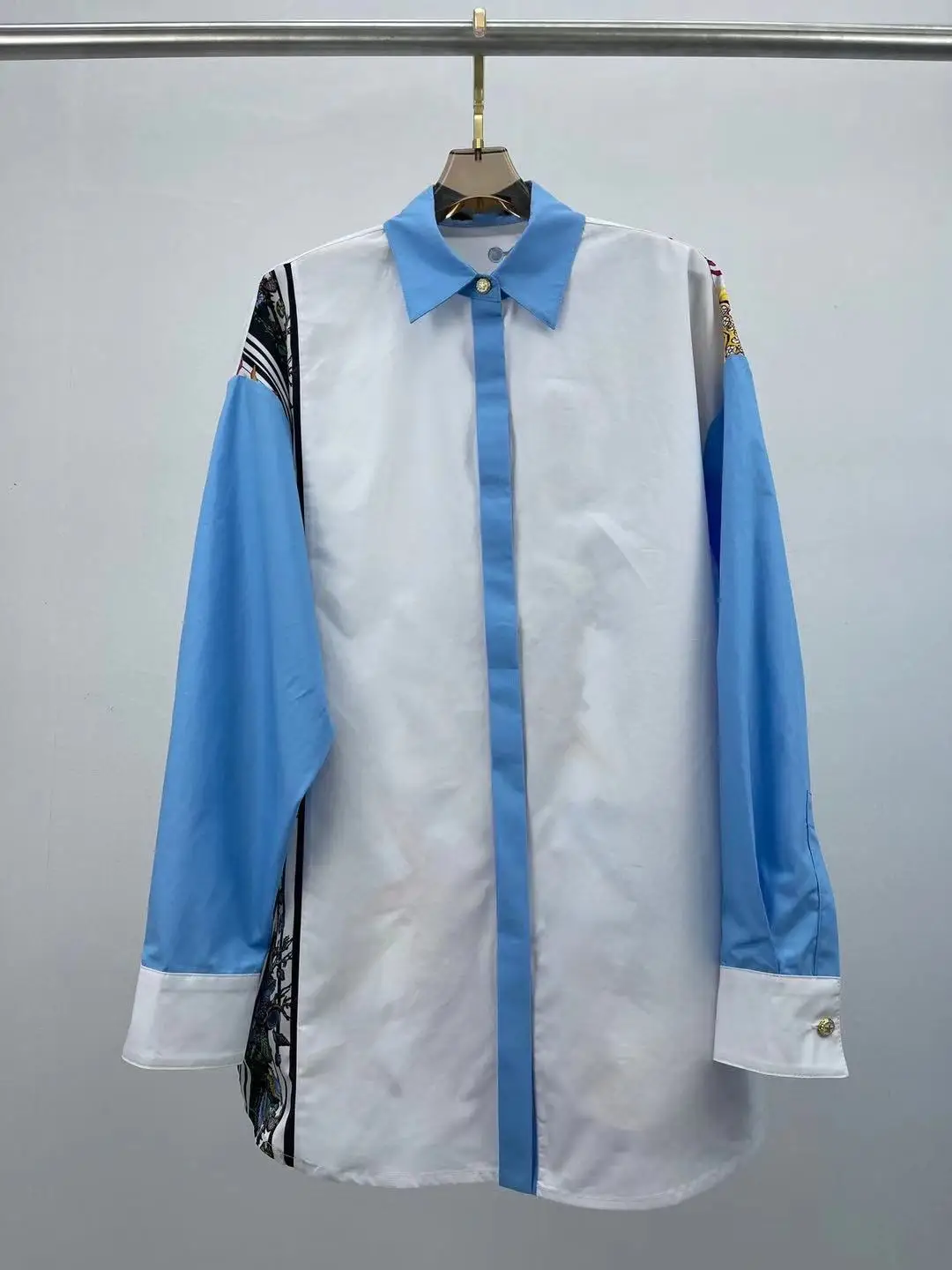 

2021 Fashion Runway Summer Casual Cotton Shirt Women Long sleeve Patchwork Floral print Elegant Lady Blouse