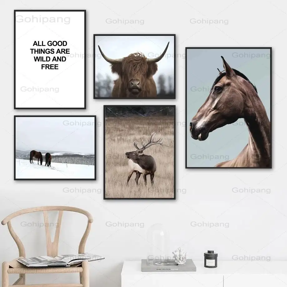 

Canvas Painting Highland Cow Horse Moose Snow Quote Sky Wall Art Posters and Prints Nordic Wall Pictures for Living Room Decor