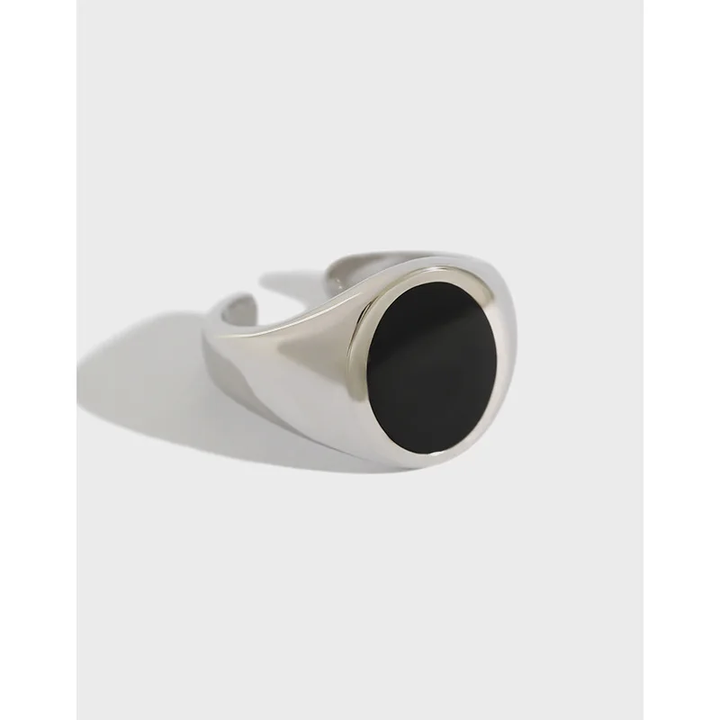 

YPAY 100% Real 925 Sterling Silver Opening Ring for Women Korea Black Epoxy Adjustable Finger Rings Fine Party Jewelry YMR026