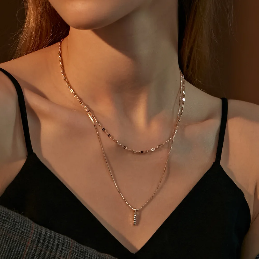 

New Double-layer Necklace, Simple One-word Rectangular Pendant, Clavicle Chain, Cold Wind Personality Female Snake Bone Chain