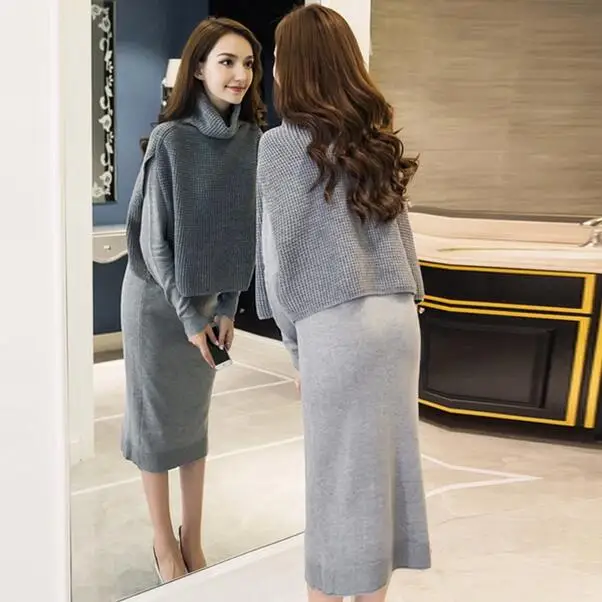 2 Piece Set Winter Women Dress Knitted Sweater Grey Black Long Sleeve Turtleneck Office Sukienki Bandage Midi DC450 | Женская одежда