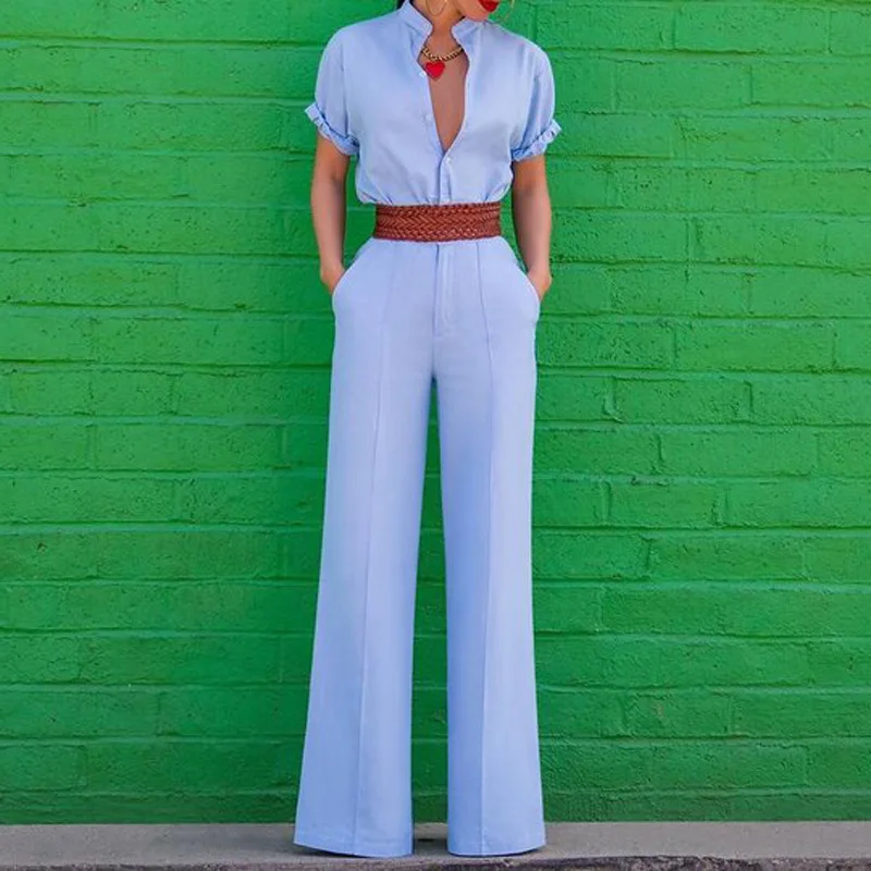 

Women Jumpsuit V-neck Short Sleeve White Blue Vintage Rompers Womens Jumpsuit Plus Size Long Summer Jumpsuits