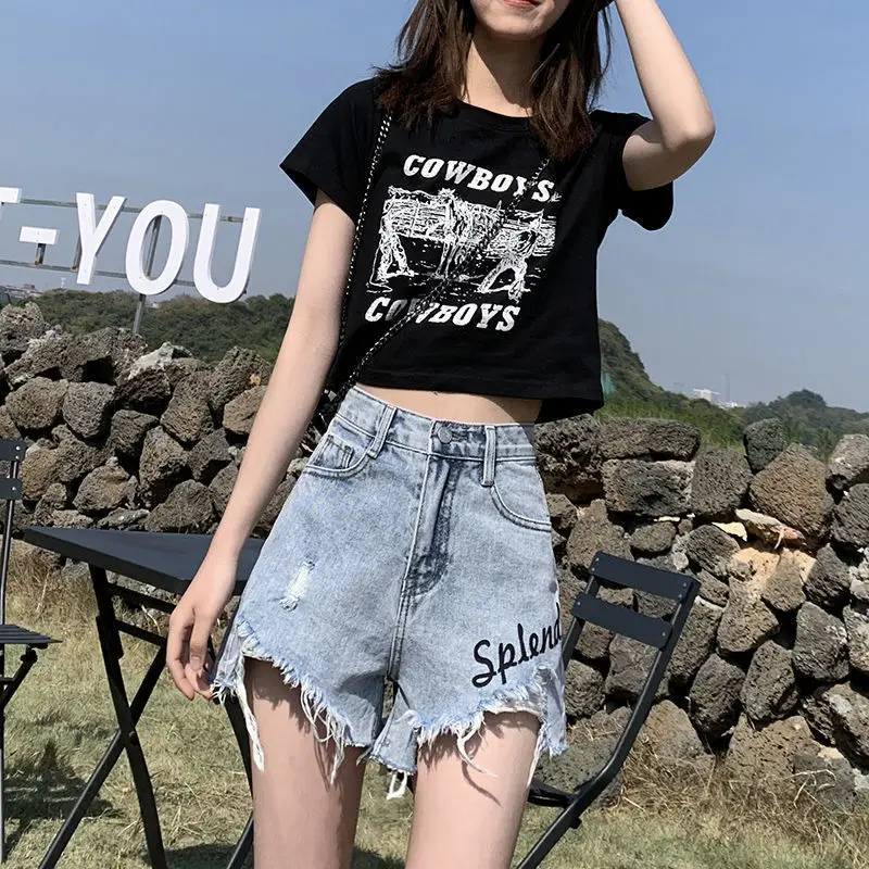 

High waist thin denim shorts women's summer 2021 new loose and versatile hole Korean student A-shaped wide leg pants