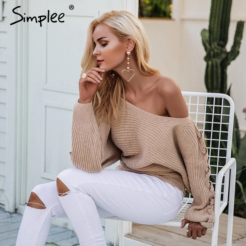 Simplee Sexy lace up winter knitted sweater pullover Women one shoulder loose jumper Autumn batwing sleeve gray | Женская одежда