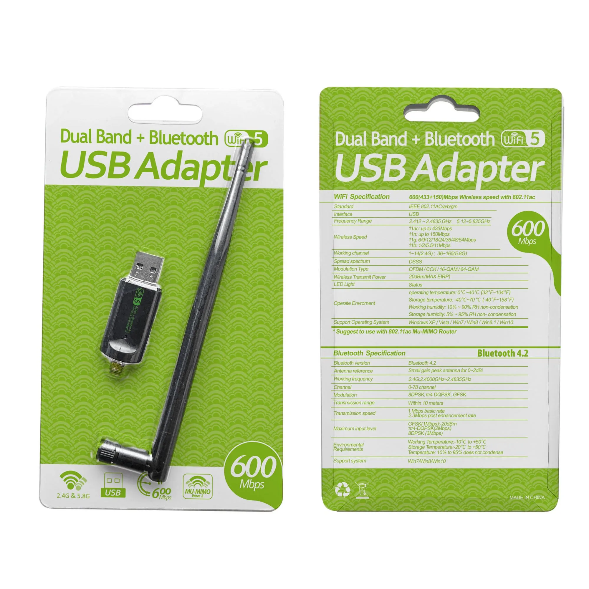 USB Wi-Fi Bluetooth адаптер 600 Мбит/с двухдиапазонный 2 4/5 ГГц беспроводной внешний ресивер