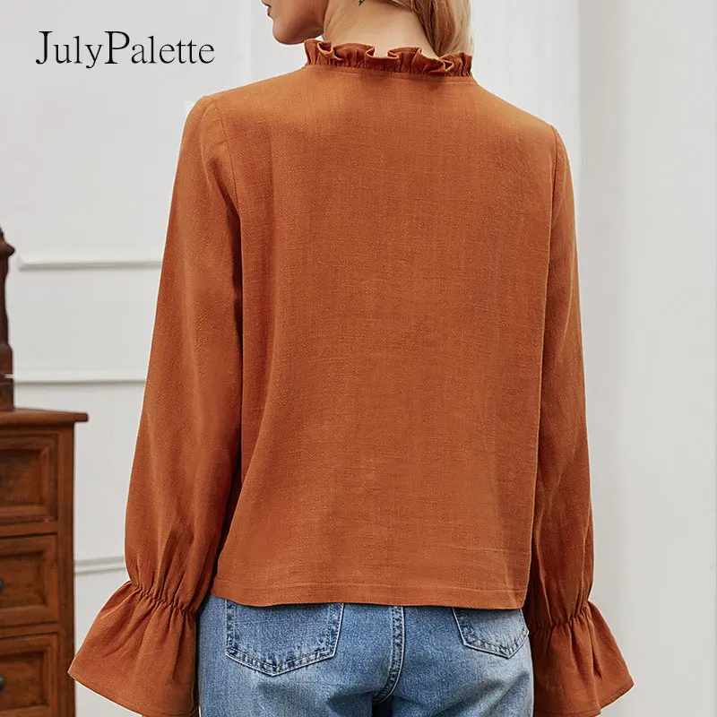 

Julypalette Women's Elegant Shirt Sexy V Neck Long Sleeve Casual Flared Sleeves Shirt Solid Blouses Holiday T Shirt Women 2021