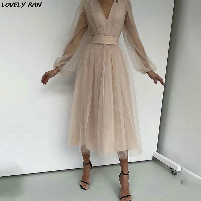 

2021 Summer Evening Women's Prom Dress A-line V-neck Polka Dot Mesh Puff Female Midi-length Dresses Elegant Party Lady Clothes