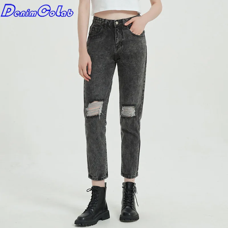 

Denimcolab 2021 Autumn High Waist Gray Women's Jeans Fashion Hole Washed Denim Straight Pants Ladies Casual Ripped Jeans Trouser
