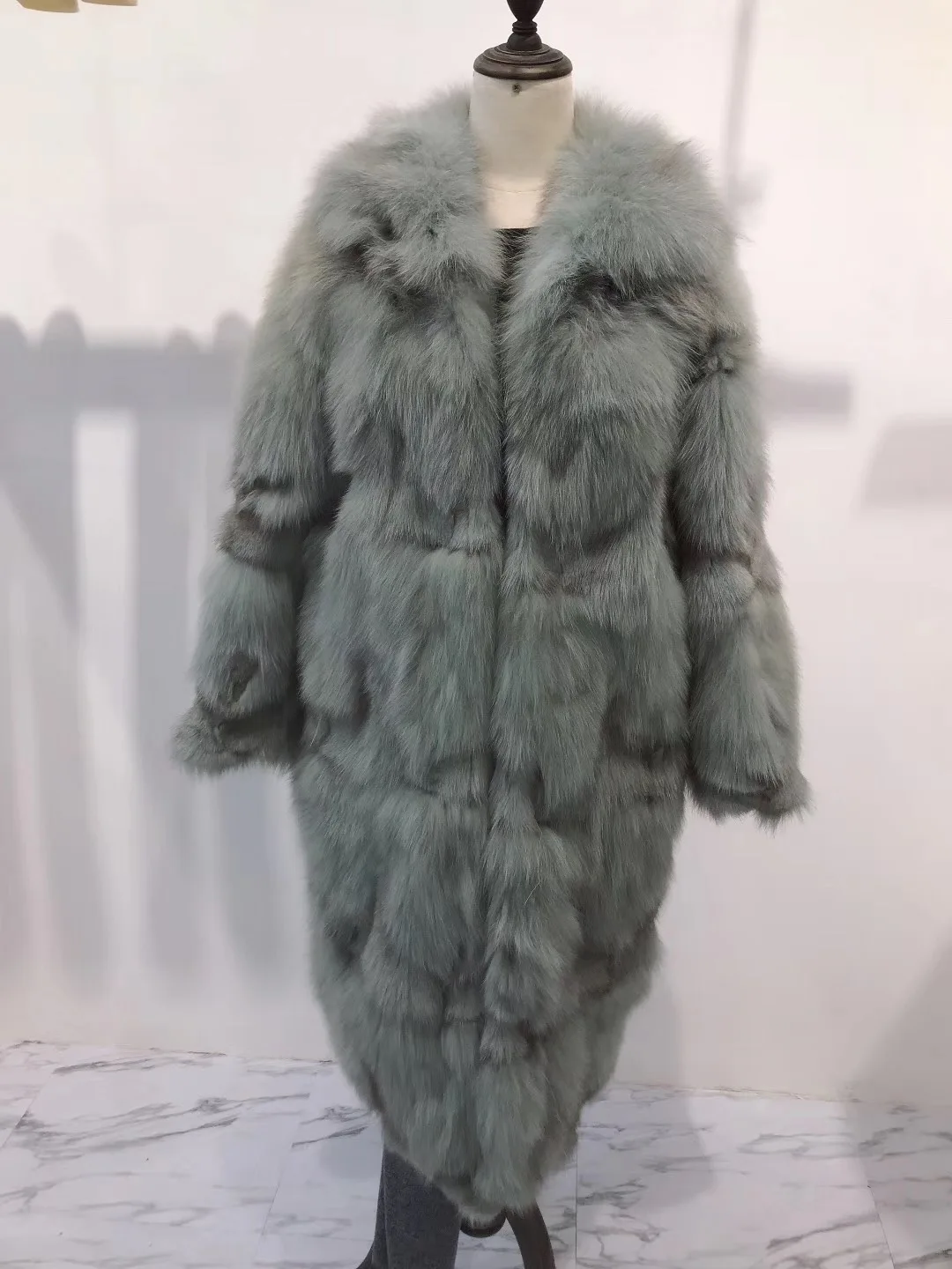 Mint Rf1931 роскошное х-длинное пальто из лисьего меха женское пальто с длинным рукавом и отложным воротником из натурального Лисьего меха - Цвет: Mint