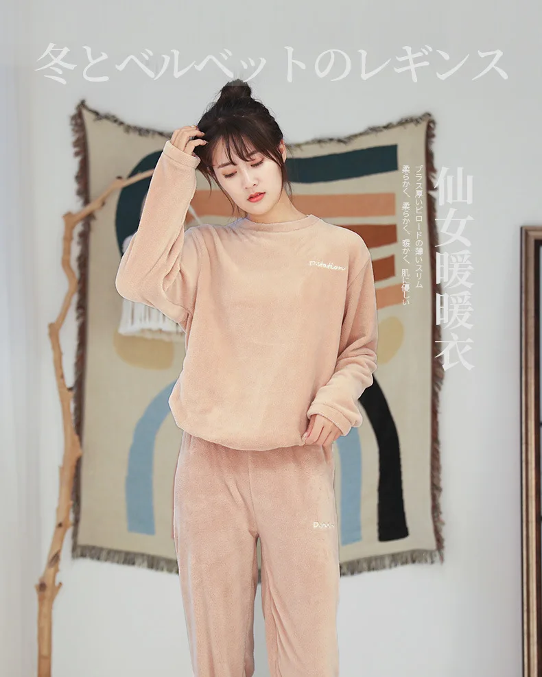 

Pajamas For Women 2020 Sleepwear Autumn Flannel Warm And Plush Thickening Coral Velvet Sleep Tops Hooded Pants And Sleeves