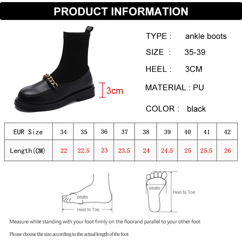 

Rimocy 2021 Metal Chain Low Heels Ankle Boots Women Autumn Platform Knit Elastic Socks Boots Woman Black Slip on Booties Female