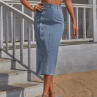 Женская юбки Харадзюку с пуговицами в стиле ретро, джинсовая юбка с асимметричным разрезом и высокой талией, длинная джинсовая юбка с завышенной талией