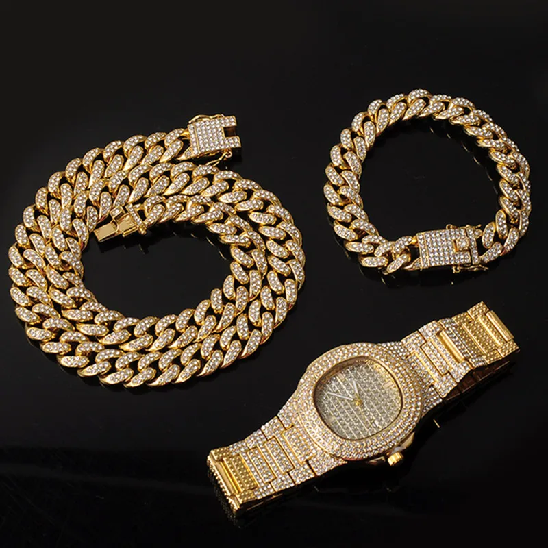 

Silver Color Necklace +Watch+Bracelet Hip Hop Miami Curb Cuban Chain Full Iced Out Paved Rhinestones CZ Bling For Men Jewelry