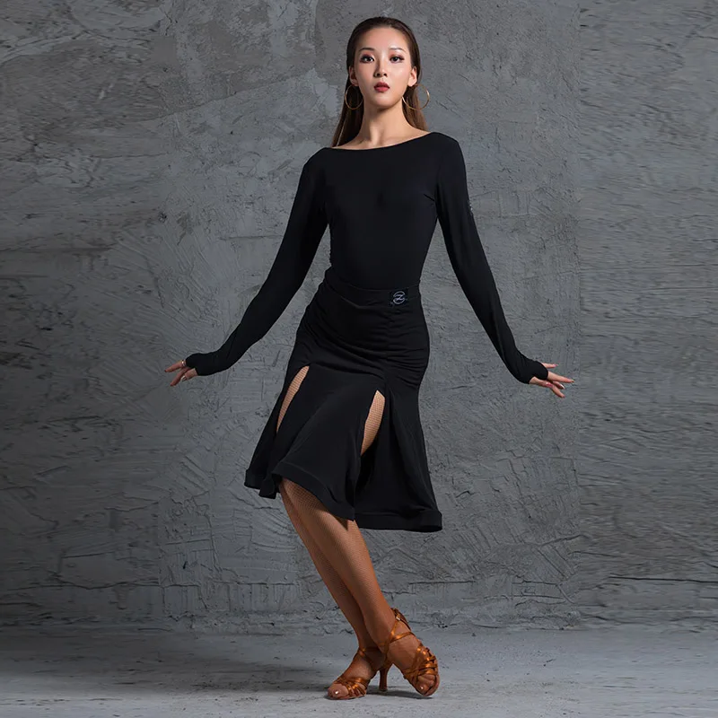 

New Black Latin Dance Skirt For Women Sexy Split Skirt Ballroom Dance Competition Half Dress Rumba Tango Dance Costume DWY4797