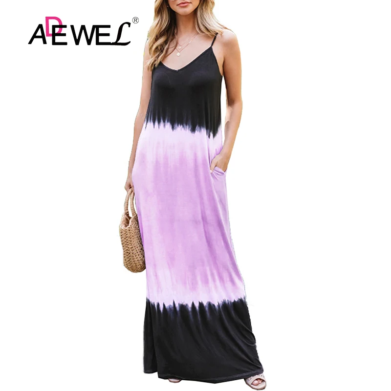 

ADEWEL Sexy Plus Size Woman Dress Summer Beach Dress Women Sling Tie Dye Long Dresses Casual Robe Purple Loose Dresses Sleveless