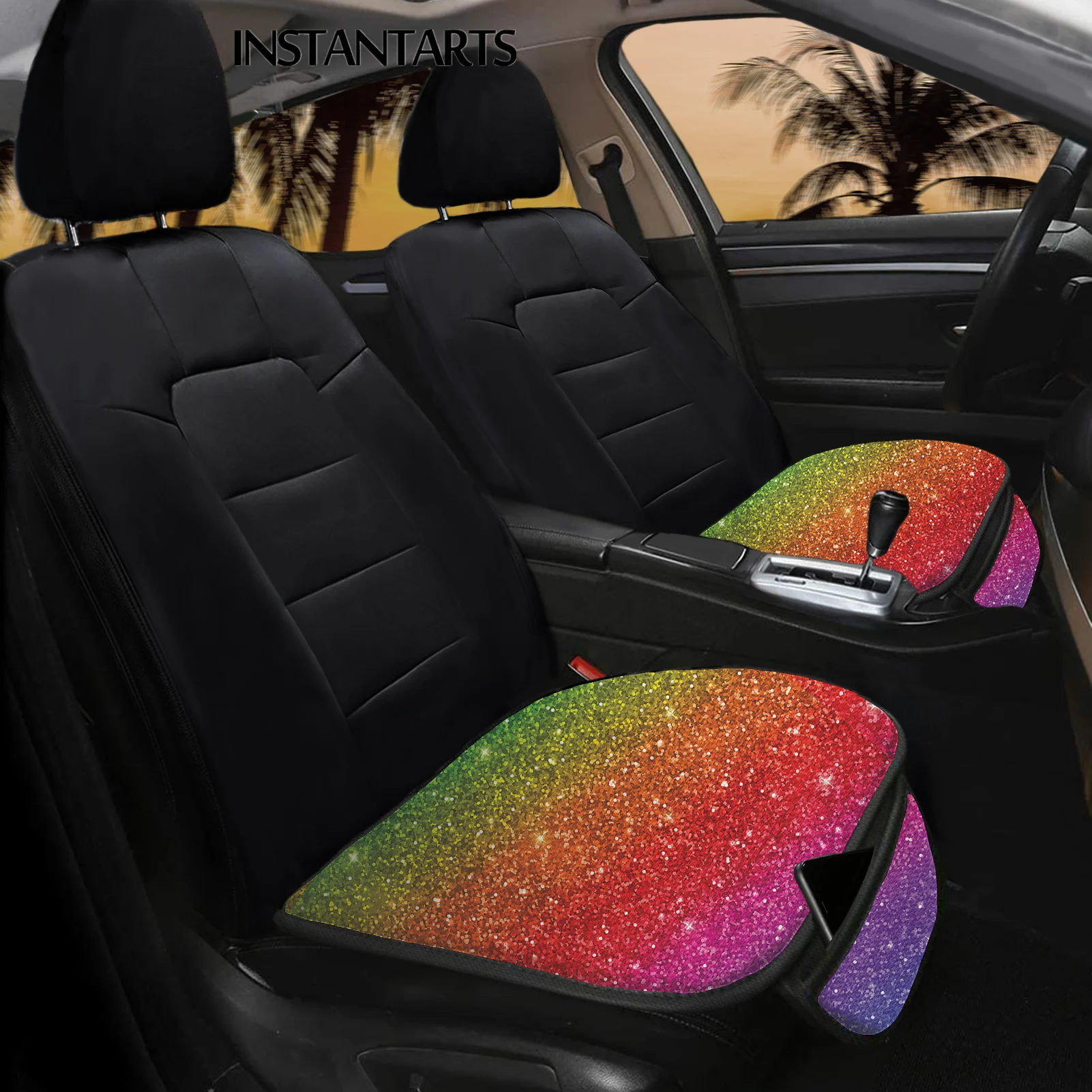 

INSTANTARTS Rainbow Glitter Texture Pattern Front Chair Seat Pad Durable Car Accessories Front Auto Seat Cushion Cover 2pcs/Set