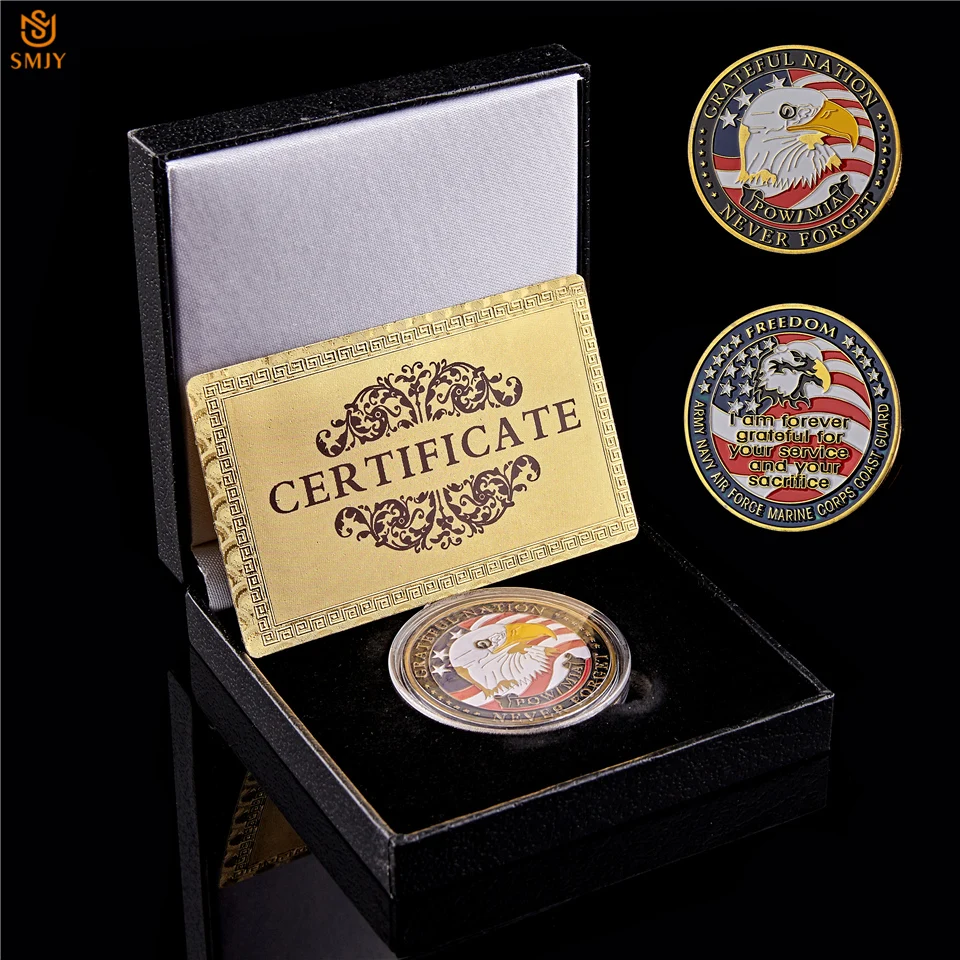

2020 USA Navy USAF USMC Army Coast Guard America Freedom Eagle Gold Plated Metal Token Challenge Coin W/Luxury Box