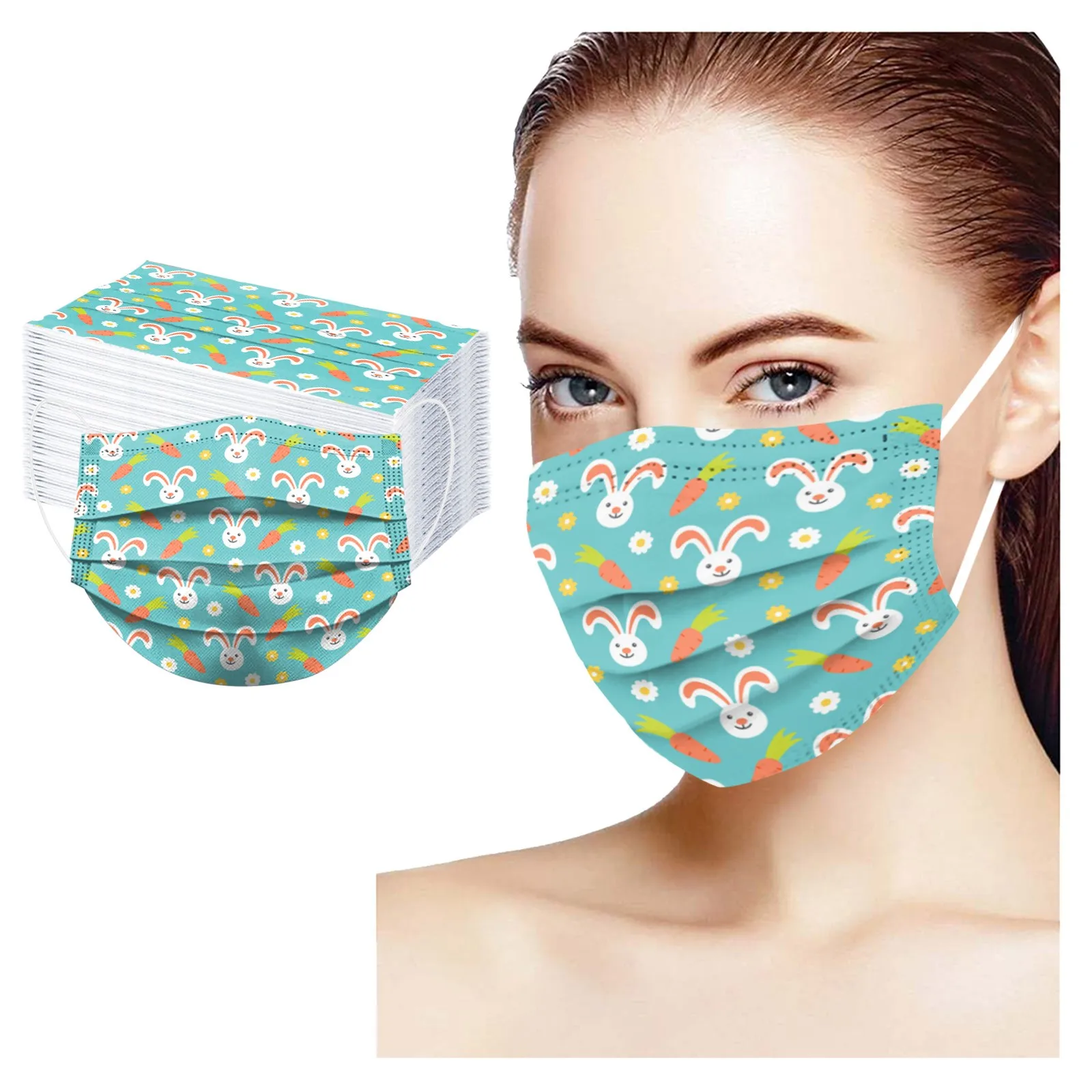 

100PCS Adult Easter Day Bunny Rabit Egg Disposable Face Mask 3 Ply Earloop Protetive PM2.5 Masks