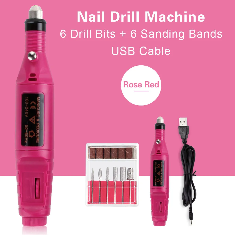 rose red USB 1 Набор, электрическая дрель для ногтей, инструменты для маникюра, ручка для педикюра, гель для полировки ногтей, набор пилок для дизайна ногтей, профессиональные инструменты для ногтей - Цвет: rose red USB