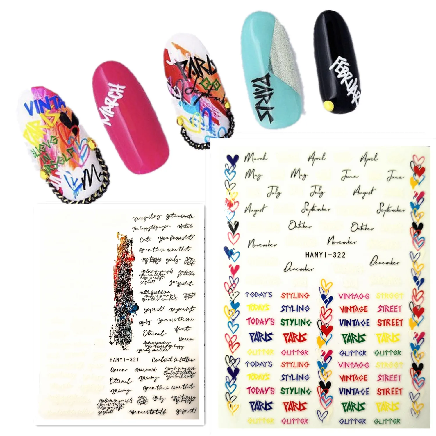 

Новинка, самоклеящиеся 3d-наклейки с черно-белым рисунком и надписью, слайдер, фотоинструменты, наклейки для ногтей HANYI 321 322