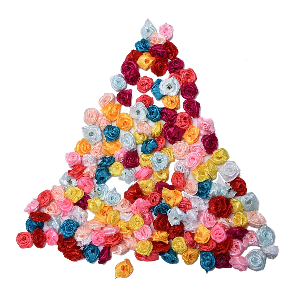 

100pcs Handmade Satin Rose Ribbon Rosettes Mini Fabric Flower Bow Appliques For Wedding Decoration Craft Sewing Accessories NEW