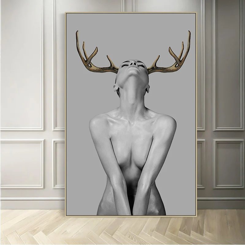 2 панели Современные Сексуальные Женщины Золотые олени оленьи рога Настенная