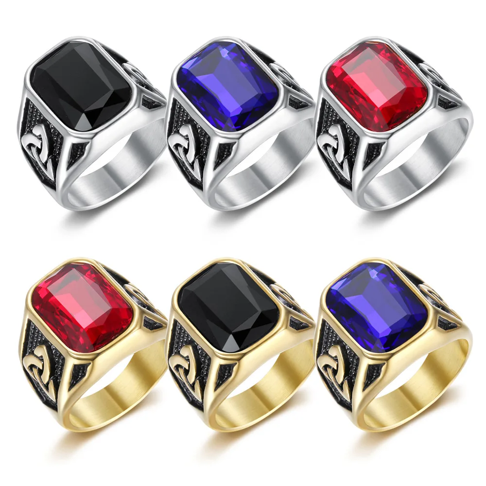 

Viking Stainless Steel Celtics Knot Ring Men Nordic Trinity Wedding Big Blue Red Black Stone Rings Mens Band Promise Jewelry