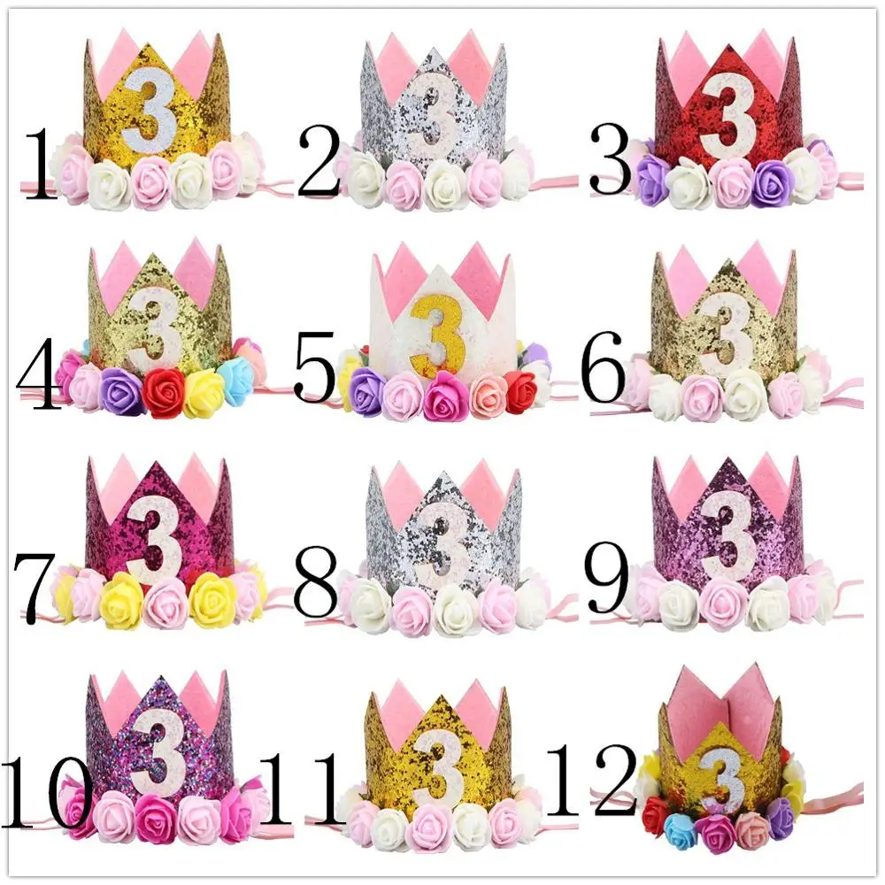 

10PCS/Lots Baby Sparkle Hats with Artificial Rose Flower 3th Birthday Party Cake Hat Princess Tiara Crown