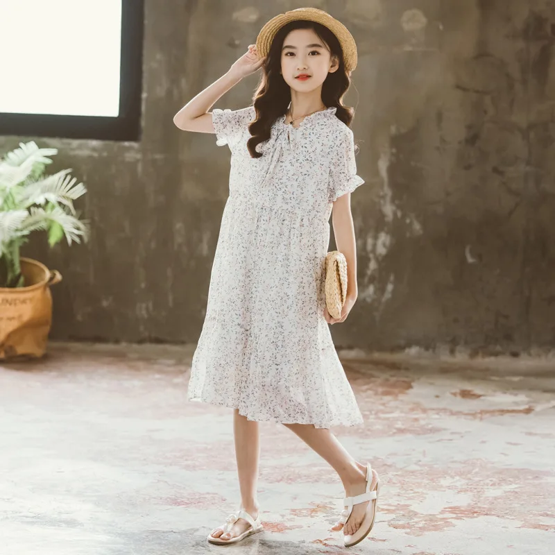 

2021 Chiffon Girls Dress Elegant Bow Floral Kids Dresses for Girl Summer Dress with Lining Children Clothing 6 8 10 12 14 16 Y
