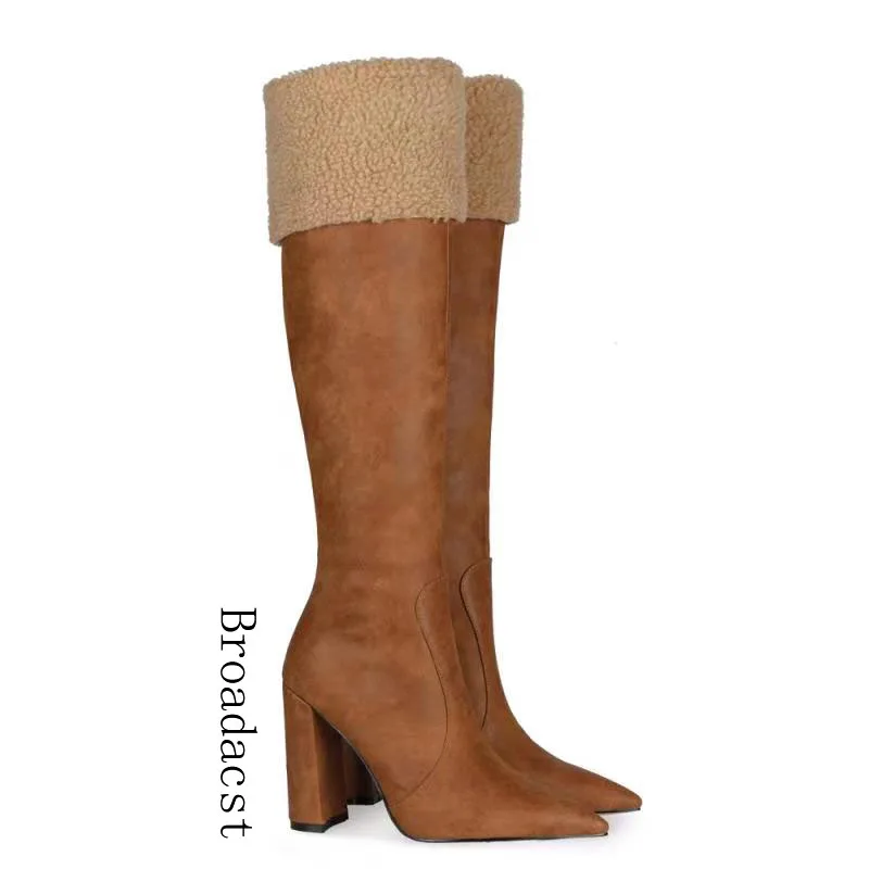 Broadcast Autumn and Winter Womens Plus Velvet Fashion PU Pointed High Heel Knee-length Womens Boots