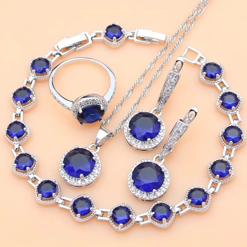 

Silver 925 Bridal Jewelry Blue Sapphire White Stone Jewelry Sets for Women Earrings/Pendant/Rings/Bracelet/Necklace Set
