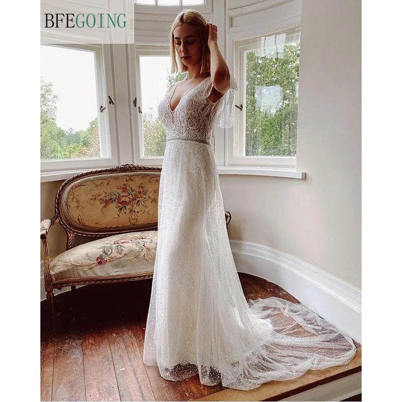 

White Lace Beading V-Neck Floor-Length A-Line Wedding Dresses Chapel Train Bridal Gowns Custom Made
