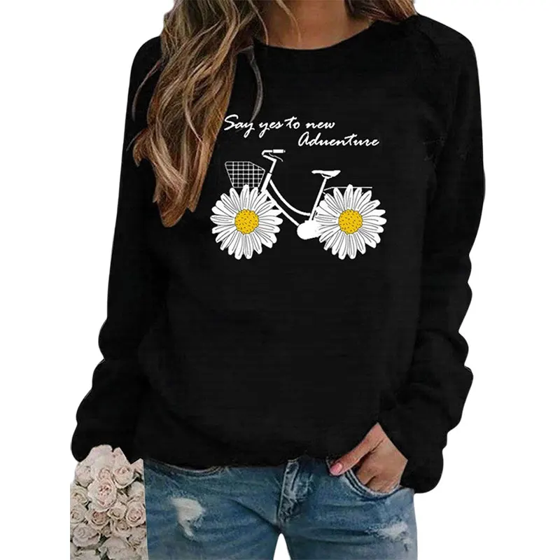 

Women Bicycle Printed Daisy Tops Harajuku Casual T Shirts Autumn Winter Long Sleeve Round Neck Loose Pullover Sweatshirt