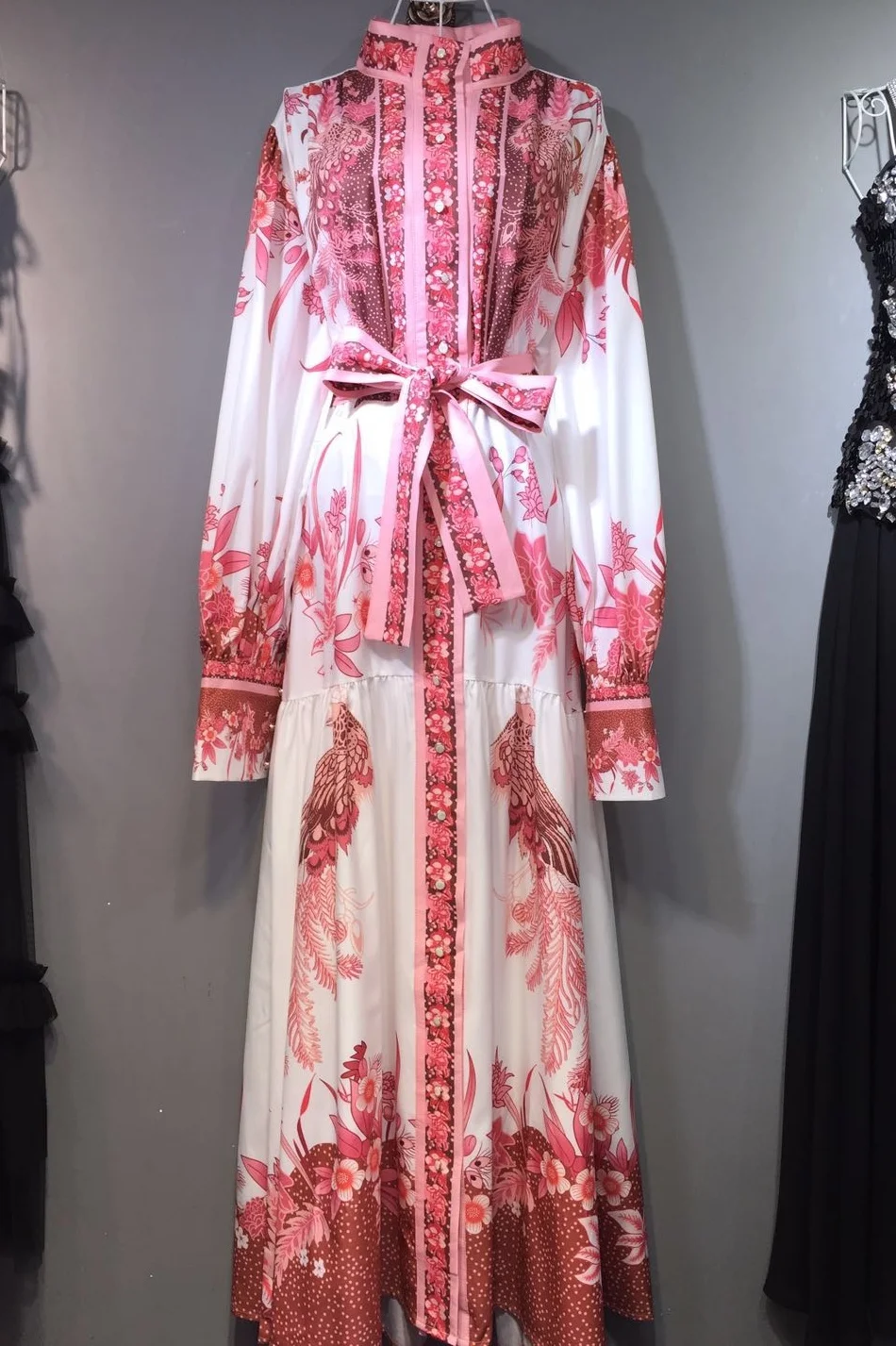 

GVUW VF New Loose Slim Stand Collar Pleated Long Sleeve Printed Dress Elegant Lady Temperament Long Dresses Tourist KB8989