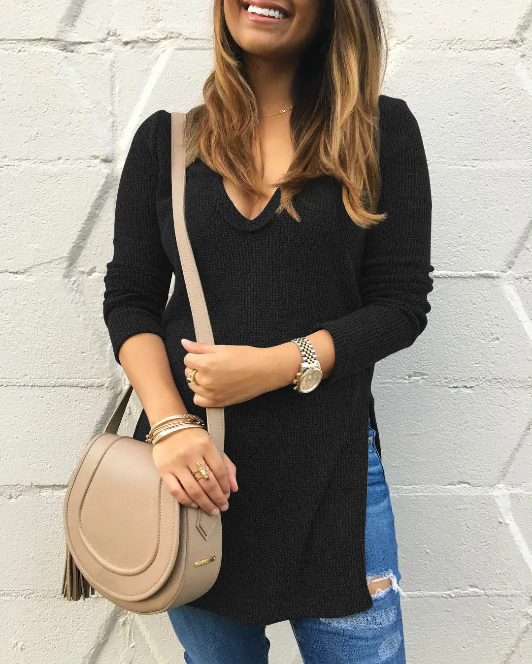 

Fall 2021 new women's V-neck long-sleeved T-shirt with slit hem top Black