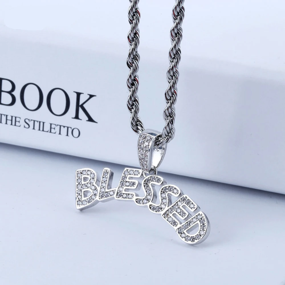 

1 Fashion Blessed Iced Out Necklace Pendant Statement Letters Gold Color Cubic Zircon Necklace Hip Hop Men Women Jewelry Gifts