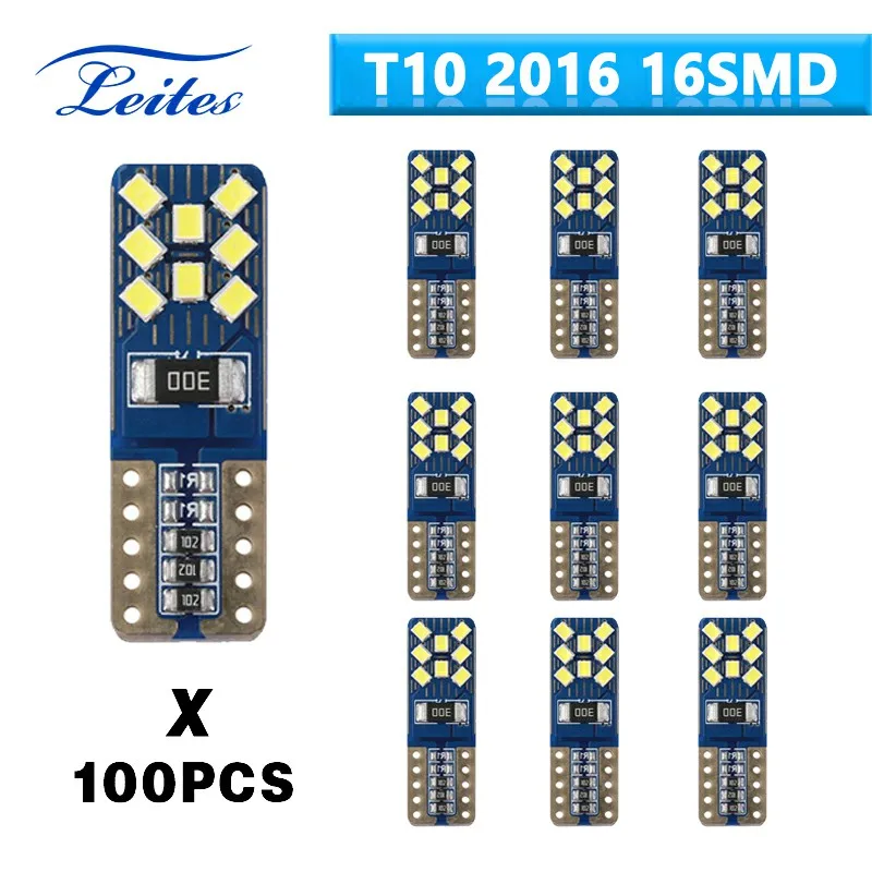 

100PCS Canbus T10 LED W5W 2016 16SMD 3W 12V 6000K Car Lights Bulb No Error Super Bright White Indicator Door Side Clearance