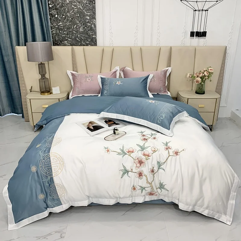 

Luxury Magnolia Flower Embroidery 4Pcs Bedding Set Satin Cotton Duvet Cover Set Quilt Cover Bed Comforter Cover Set Fitted Sheet