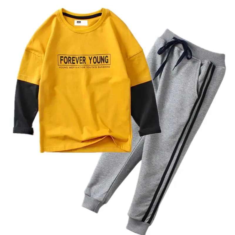 

Boys Long Sleeve Casual Clothes Set 2021 Spring Children Splicing T-Shirts And Stripe Pants 2 pcs Teen Boy 120-160 Tracksuit