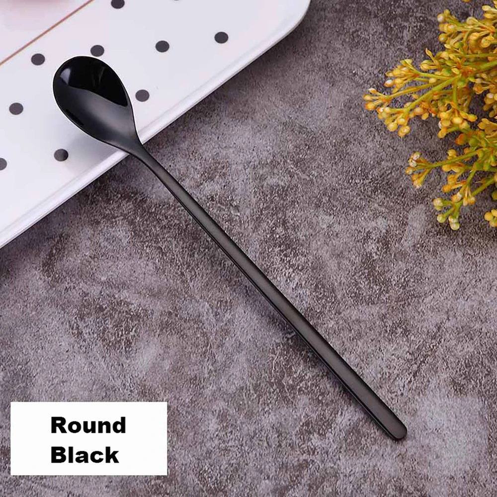 Round Black 304 Нержавеющая сталь Кофе ложка творческий покрытие льда ложка c длинной ручкой Чай ложки Кухня инструменты горячего питья столовые красочные - Цвет: Round Black