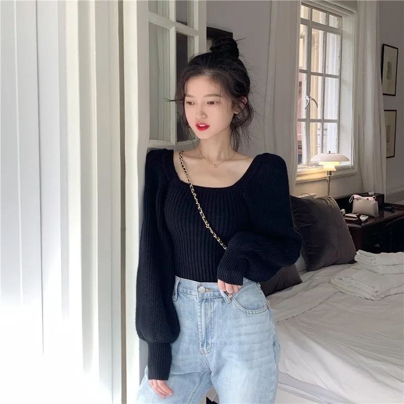 

Knitted Sweater Female Short Winter 2020 New Style Recipients French Retro Minority Puff Lantern Long Sleeve Top-Music of the