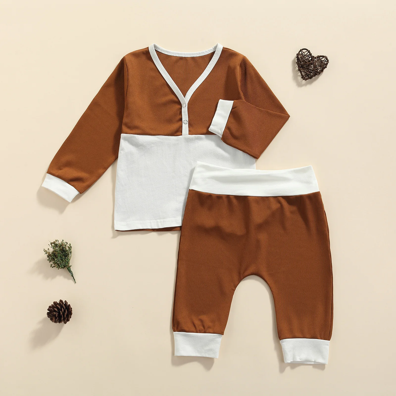 

2Pcs Children's Sets Two Color Stitching V-Neck Long Sleeves Pullover Elastic Waist Trousers Toddler Boys Spring Autumn Clothing