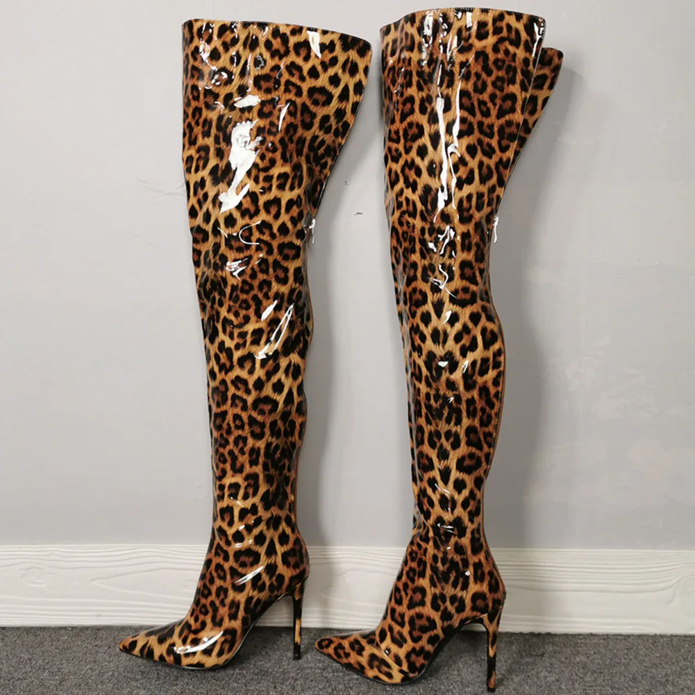 

Brand New Big Size 47 Thin High Heels The Thigh Boot Fashion Sexy Party Leopard Boots Women Shoes Female