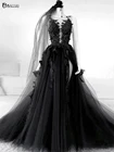 Готическое черное платье для выпускного вечера, сексуальное вечернее платье-трапеция с открытой спиной и разрезом сбоку, кружевные вечерние платья с вуалью, платье для вечеринки