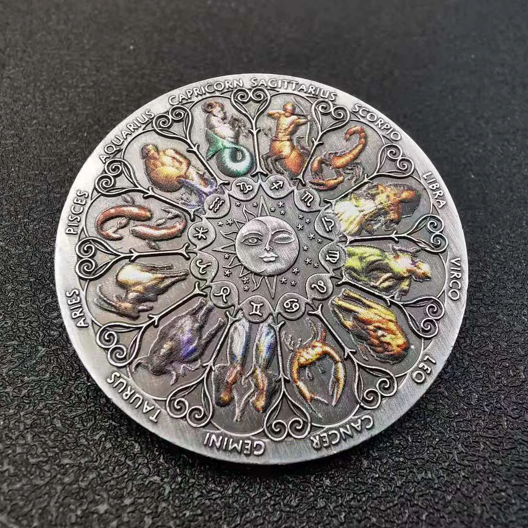 

Twelve Constellations Silver Challenge Coin Tuvalu High Relief Antique Silver Coin Colorful Souvenir Coins Collectible Gift