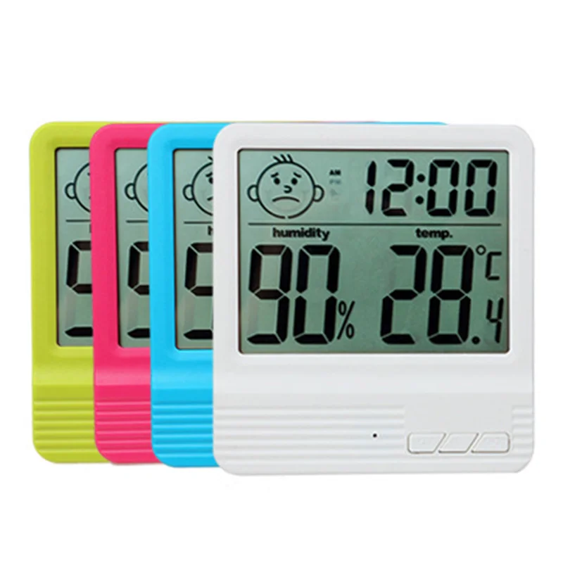 1PCS Digital Thermometer Hygrometer Meter Indoor Smile Face Temperature Humidity Monitor Date Time Display With Clock 4 Colors |