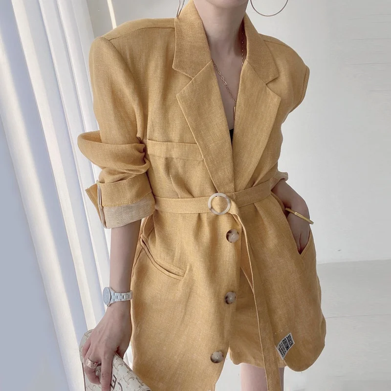 

Korean Overcoat Women Chic Lapel Single Breasted Lace Up Long Sleeve Suit Coat High Waist Wide Leg Pants Shorts Suit