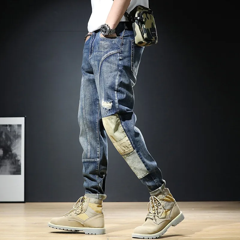 Men Baggy Jeans Streetwear Pants Summer Vaqueros Clothing Hip Hop Fashion Patchwork Ripped Jean Straight Leg Blue Denim Trousers