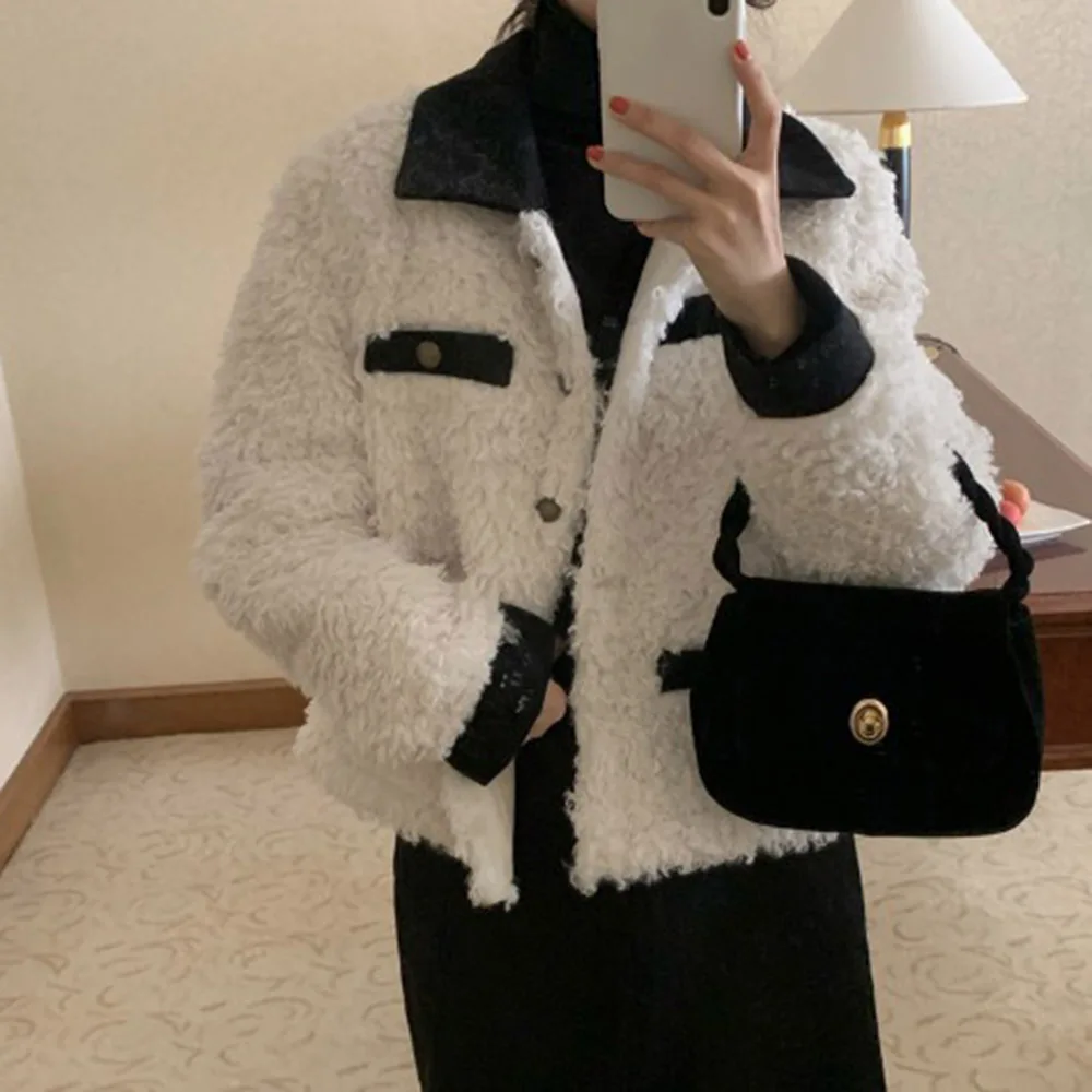 

Новинка 2021, зимняя плотная теплая однобортная куртка в японском и южнокорейском ретро-стиле из имитации овечьей шерсти